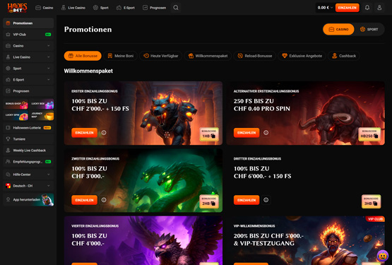 HadesBet Casino Bonusseite