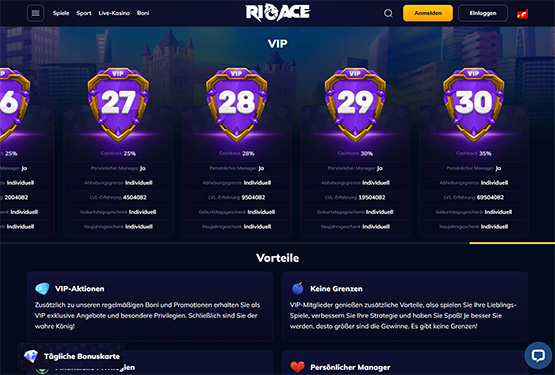 RioAce Casino VIP-Seite
