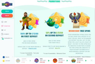 Spinia casino bonus