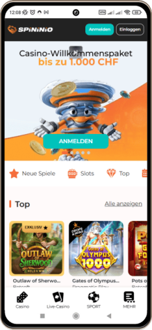 Screenshot der mobilen Version von Spininio Casino
