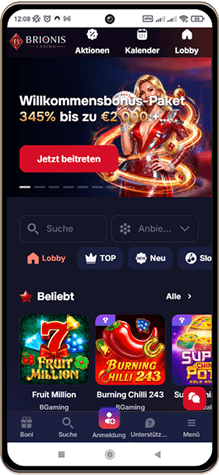 Screenshot der mobilen Version von Brionis Casino