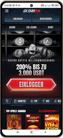 Glorion Casino auf einem Mobiltelefon